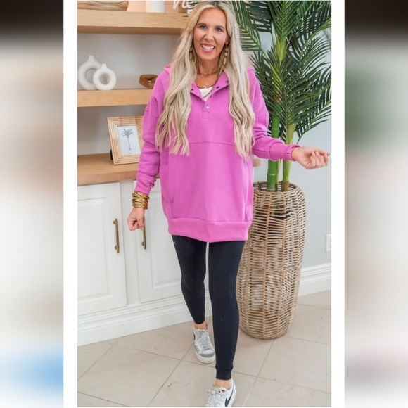 Salty Wave Purple Never Take Off Button Front Tunic Hoodie with Pockets- M - Picture 4 of 14